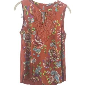 Daniel Rainn Women's Small Quinn Keyhole Crochet Top Burnt Orange Chiffon Jersey